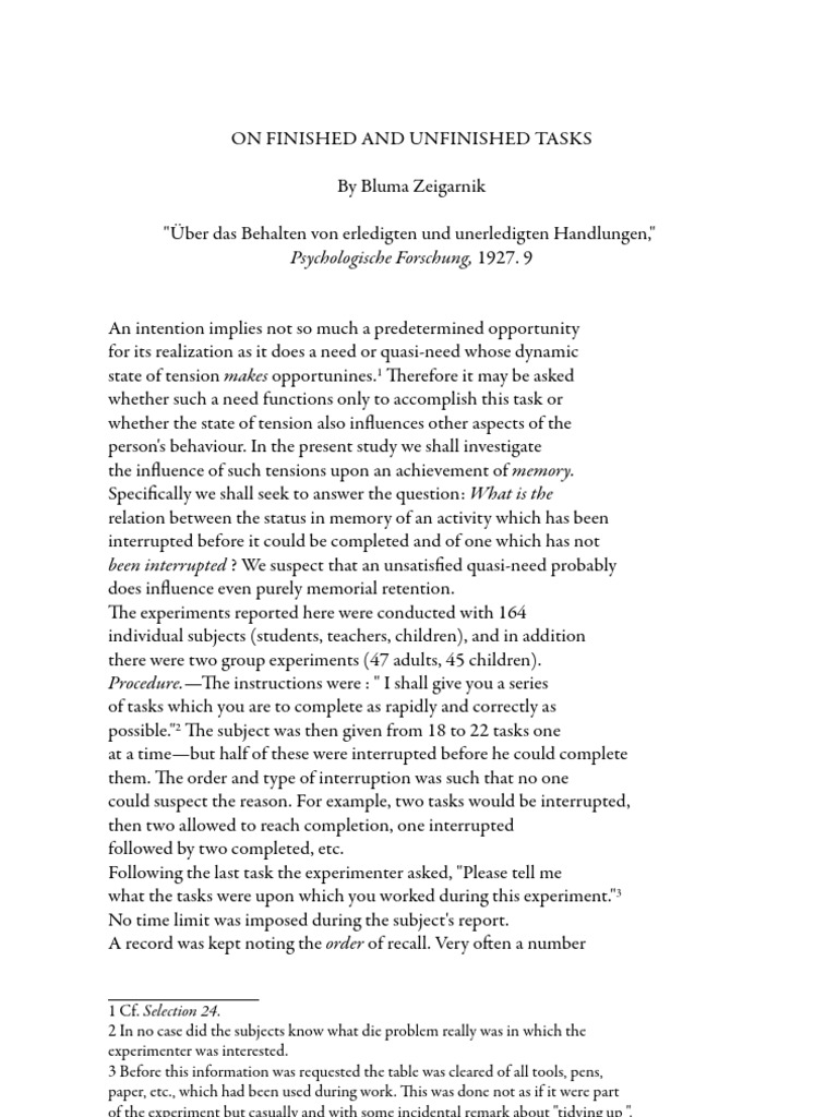 On Finished and Unfinished Tasks Bluma Zeigarnik | PDF | Recall (Memory ...