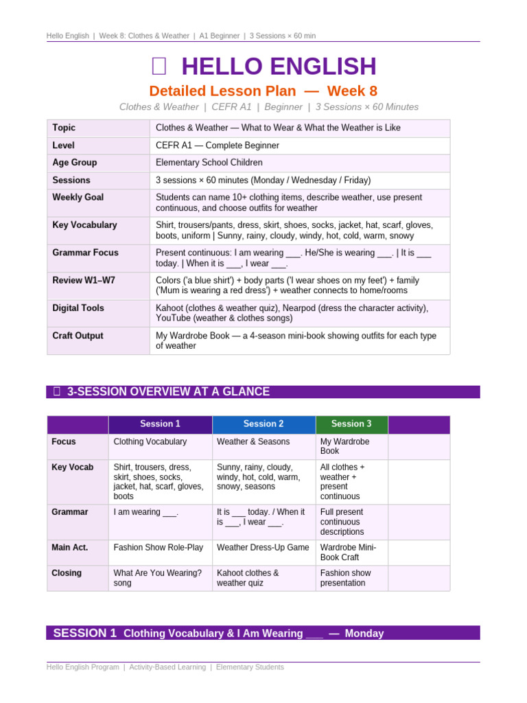 Week8 Lesson Plan Hello English | PDF