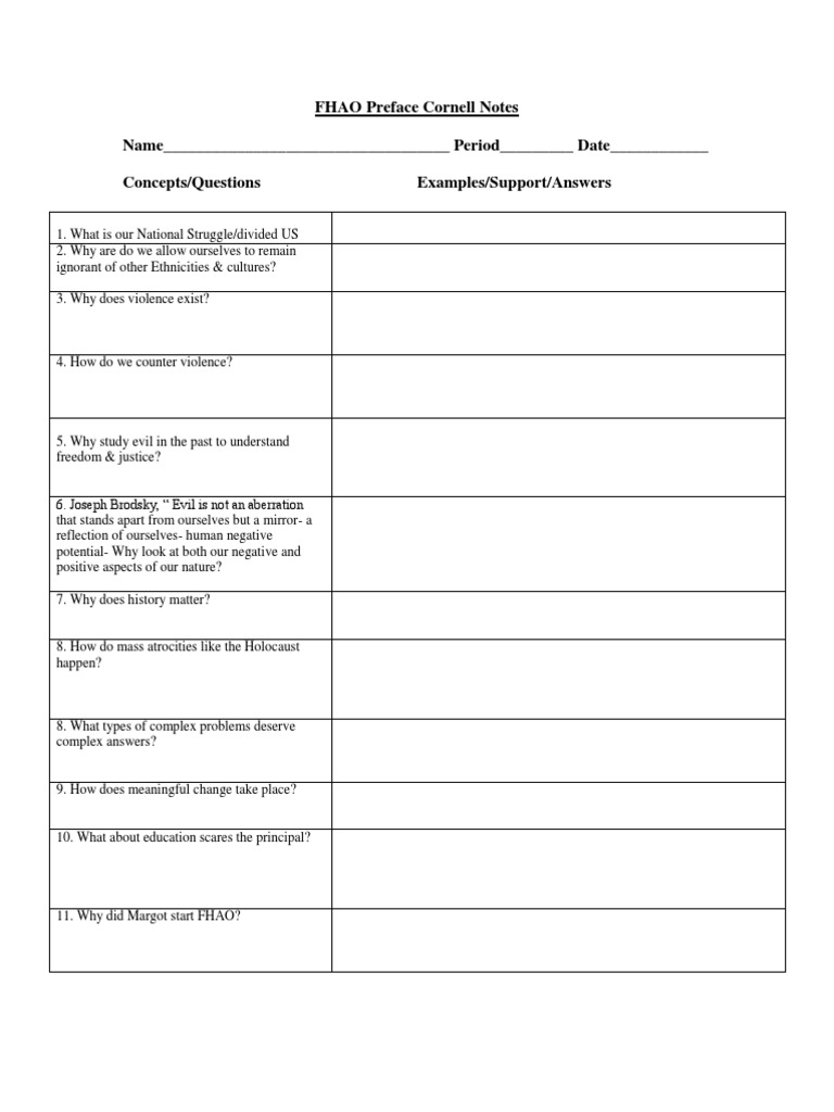 FHAO Preface Cornell Notes Name - Period - Date - Concepts/Questions ...