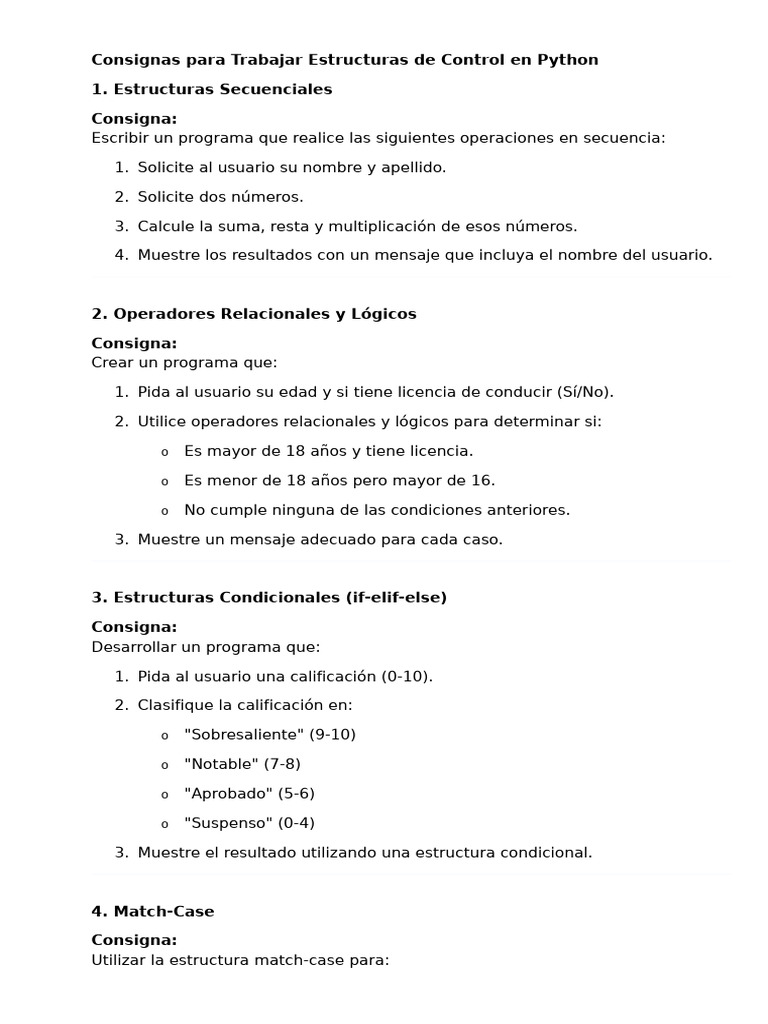 Consignas para Trabajar Estructuras de Control en Python | PDF | Python ...