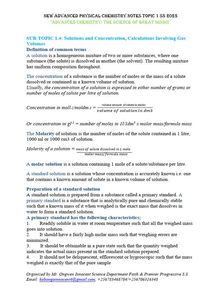 Moles and Equations Summary Notes | PDF | Gases | Mole (Unit)