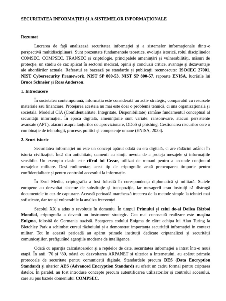 Securitatea Informatiei Si a Sistemelro Informationale | PDF