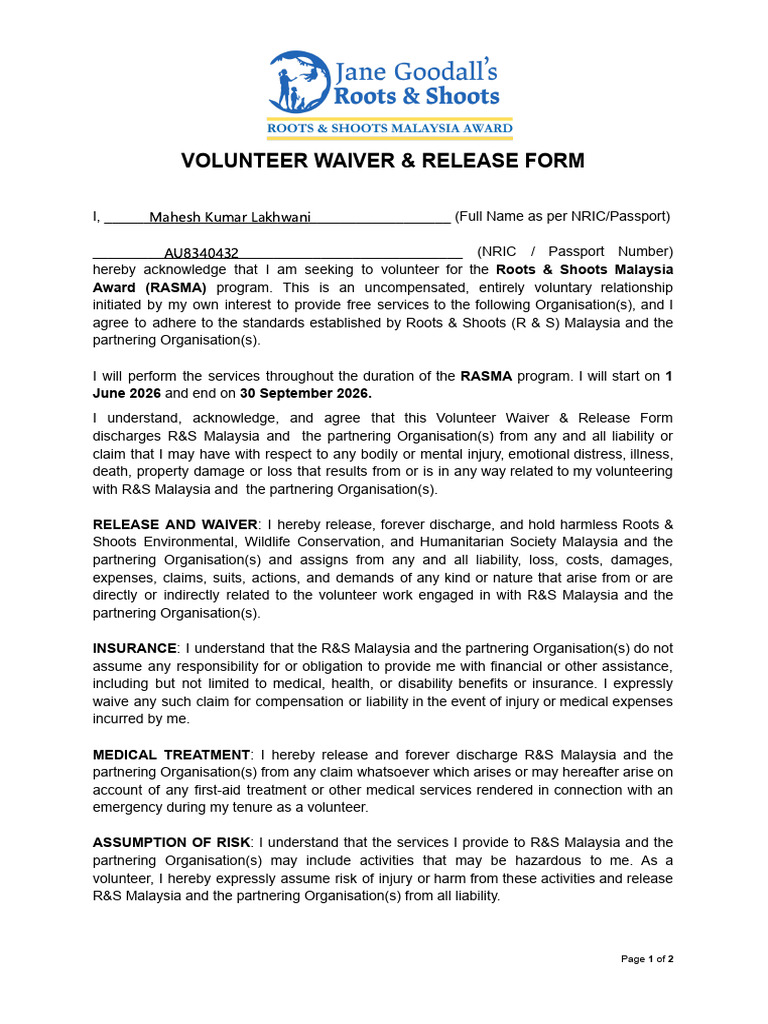 Rasma 2026 - Volunteer Waiver & Release Form | PDF | Volunteering ...
