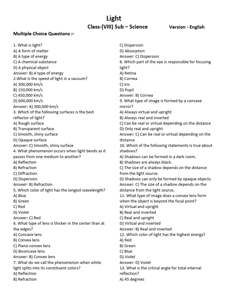 Light class-8,,science,English Upload | PDF | Light | Optics