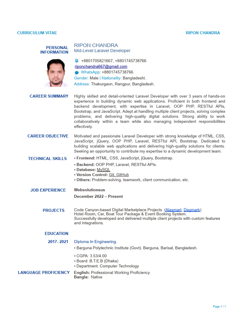 Ripon Chandra CV | PDF | Bootstrap (Front End Framework) | Java Script