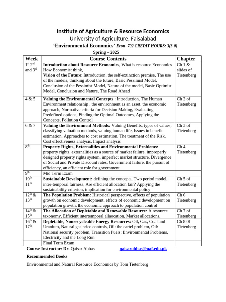 Course Outline Resource Economics | PDF | Economics | Externality