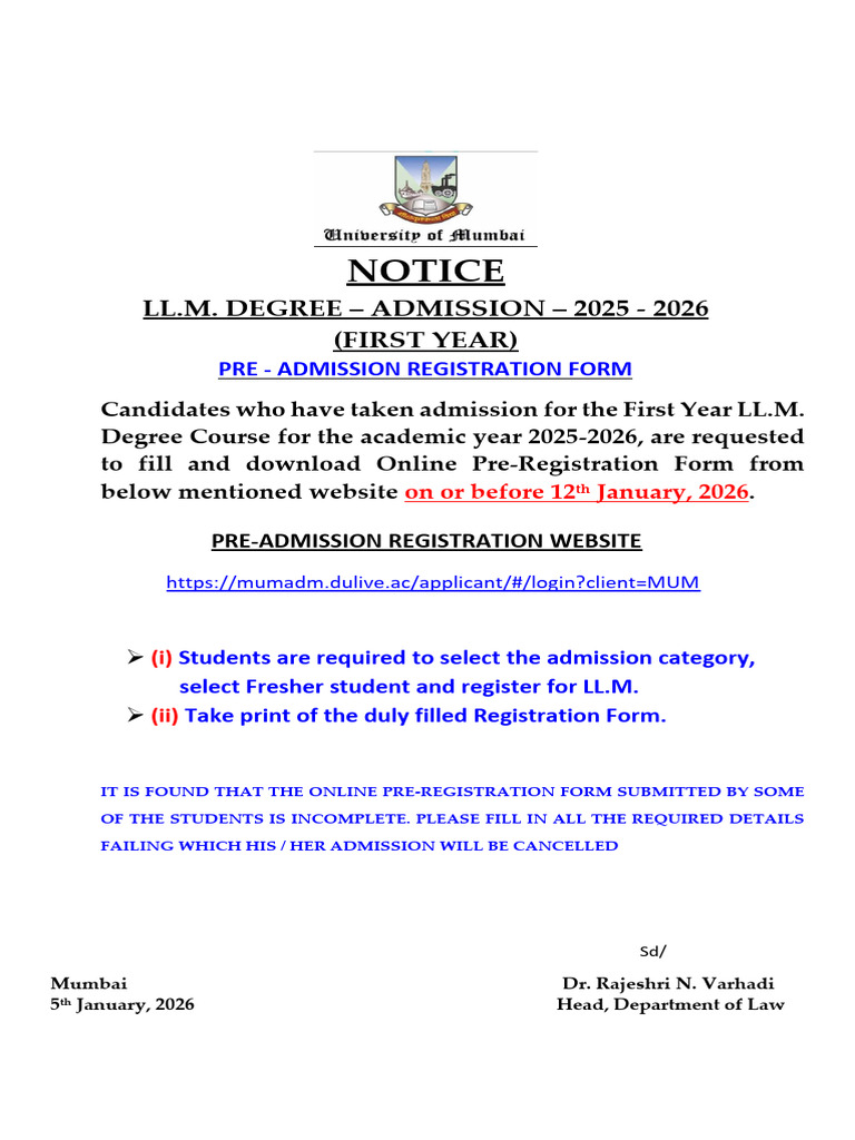 41175Notice- Pre - Admission Registration Form (LL.M. First Year 2025 ...