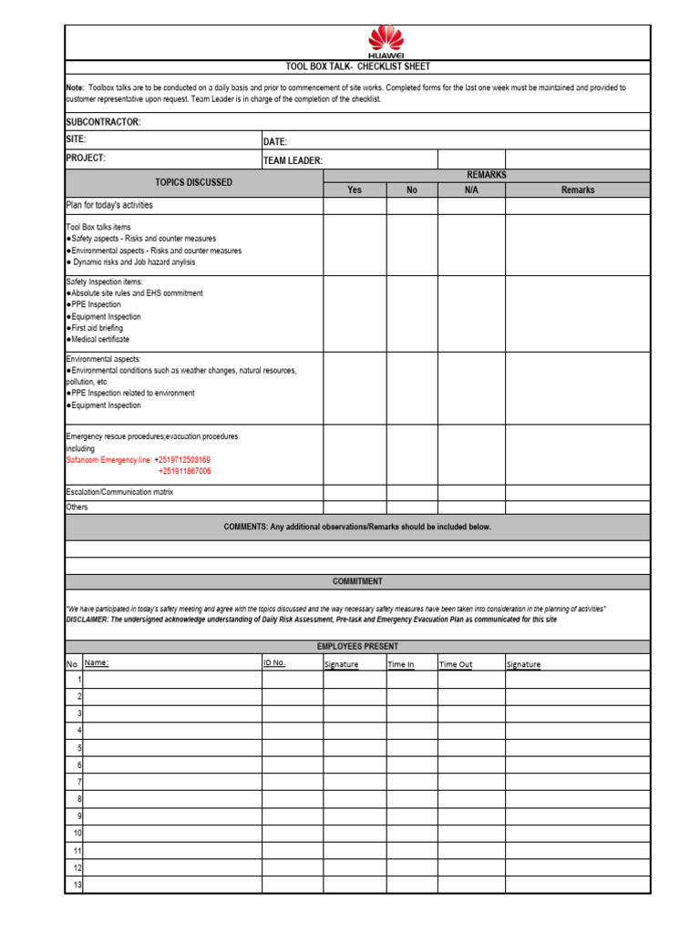Safety File Checklist Toolbox Talk | PDF | Occupational Safety And ...