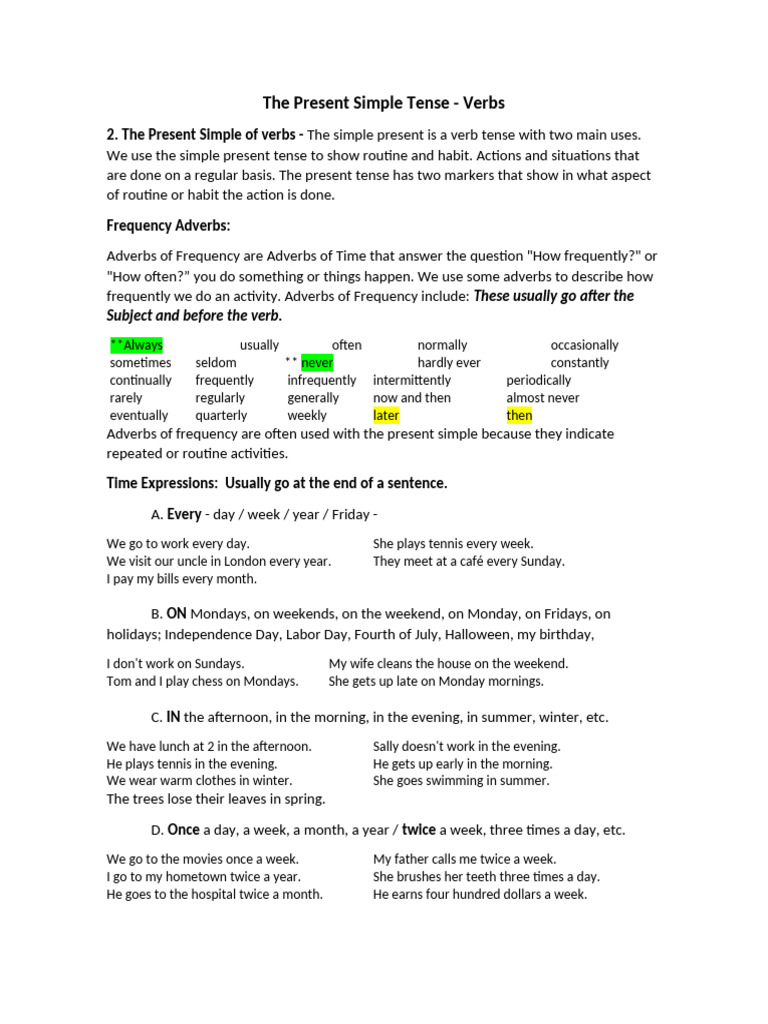 Simple Present of Verbs - Explanation and Exercises. | PDF ...