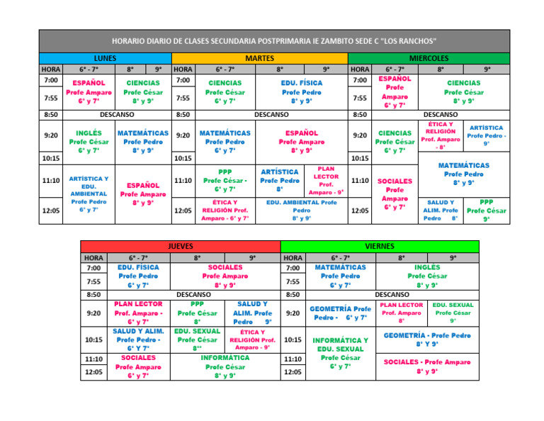 Horario Diario de Clases Secundaria Postprimaria Ie Zambito Sede C-2 | PDF