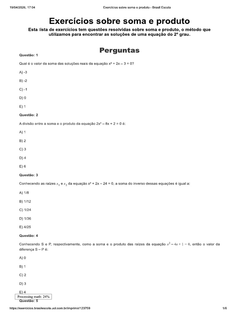 Exercícios Sobre Soma e Produto | PDF