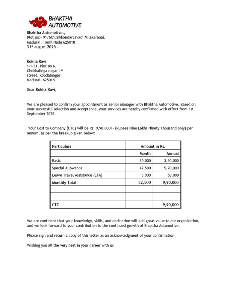Kokila Confirmation Letter | PDF