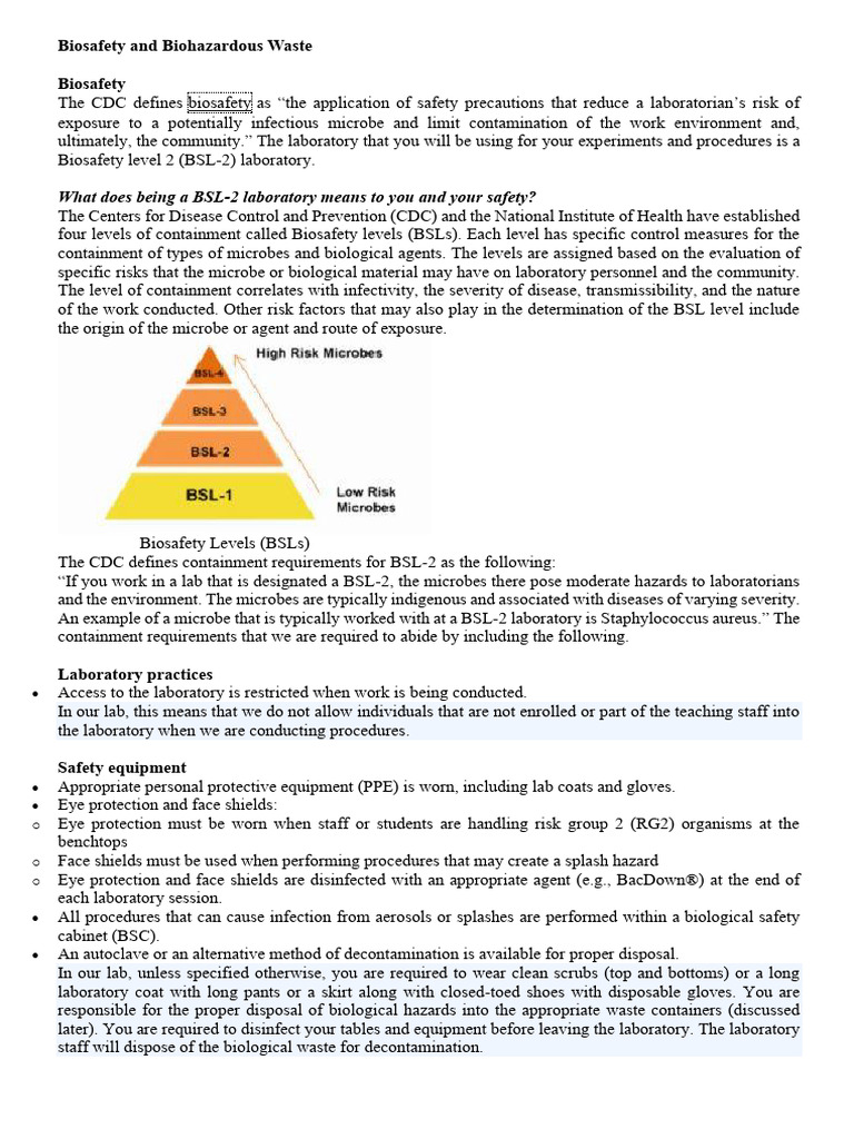 Biosafety and Biohazardous Waste | PDF | Laboratories | Personal ...