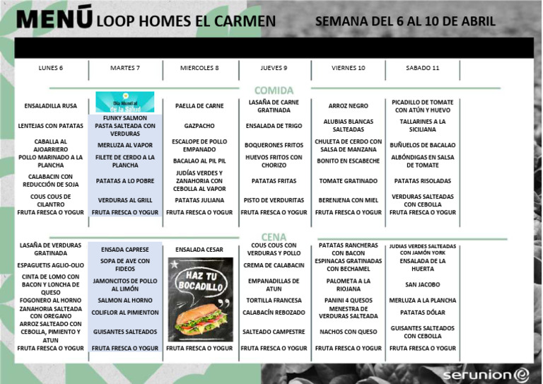 Menu Loop Homes El Carmen 6-10 Abr | PDF | ensalada | Alimentos