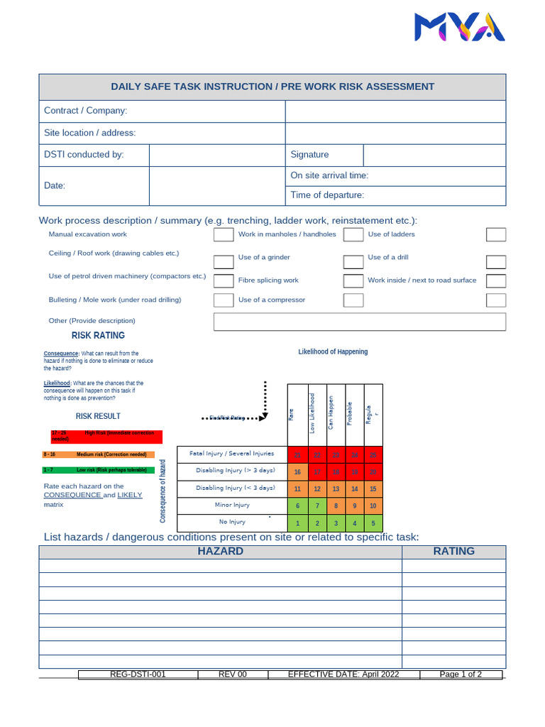 MYA-DSTI001- Daily Safe Task Instruction | PDF | Risk | Safety