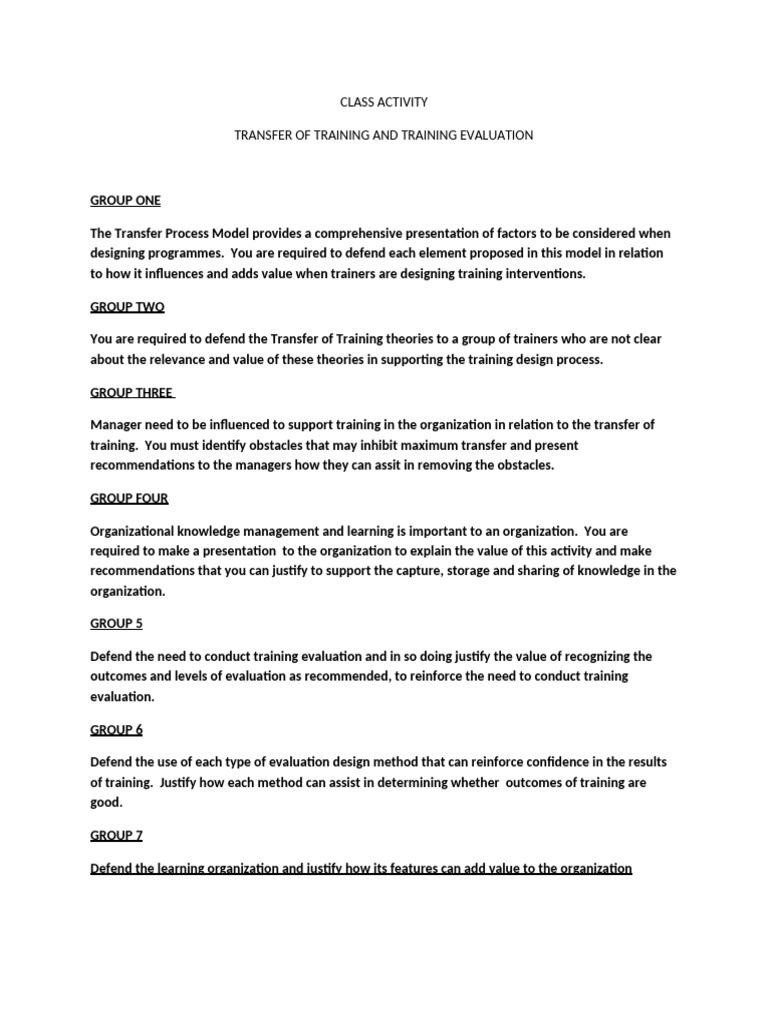 Work Sheet - Transfer of Training (1) | PDF