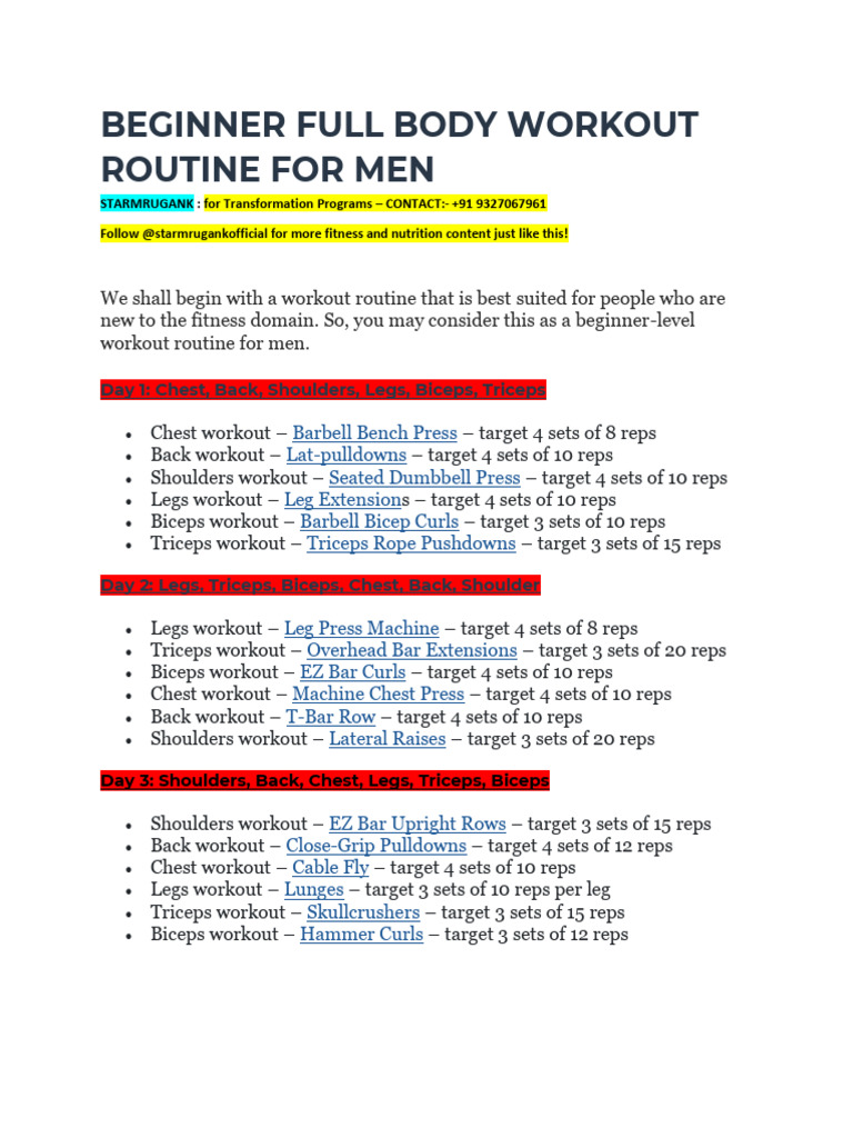 Beginner Full Body Workout Routine for Men | PDF | Physical Fitness ...
