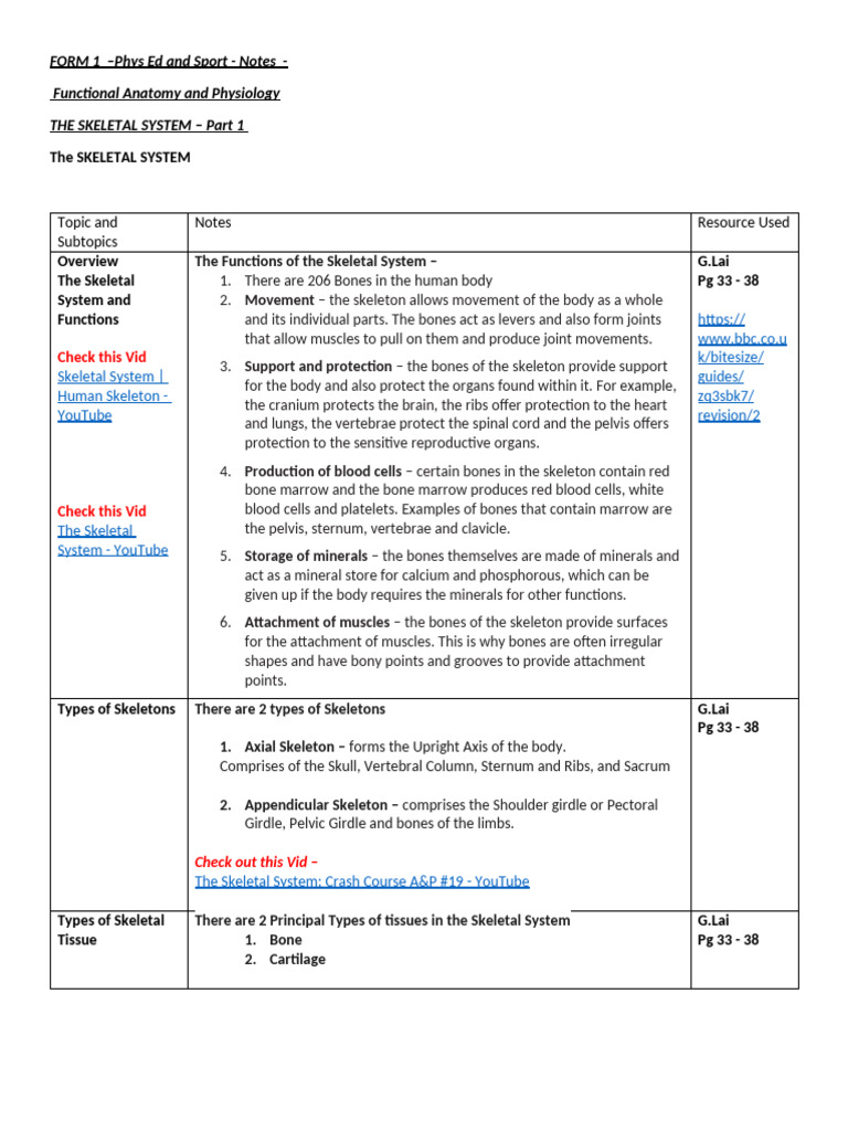 Form 1 The Skeletal System - Part 1 | PDF | Skeleton | Bone