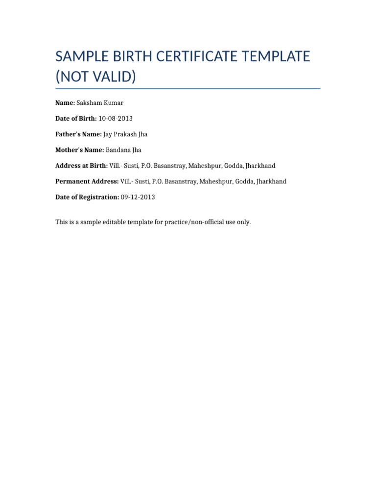 Sample Birth Certificate Template | PDF