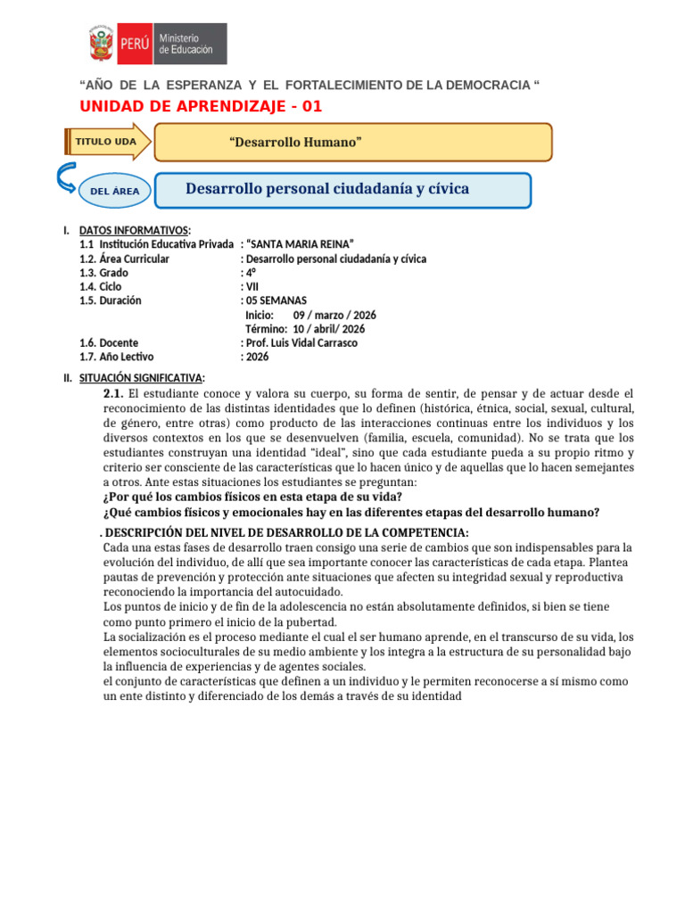 UNIDAD DE APRENDIZAJE 01 PP.FF.RR.HH | PDF | Aprendizaje | Adolescencia