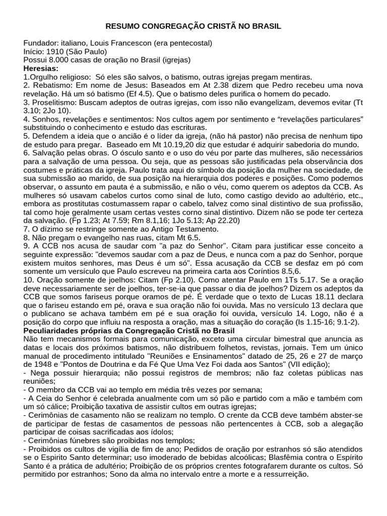 Resumo Congregação Cristã No Brasil - 2025 | PDF