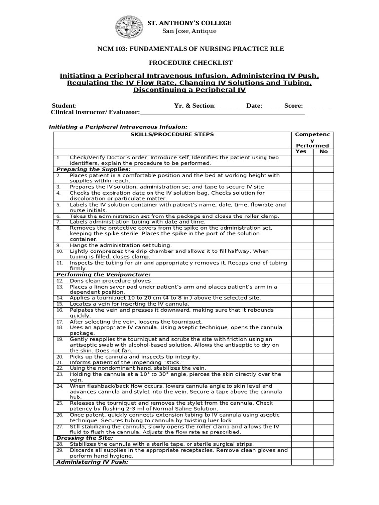 Finals OSCE 2 IV INFUSION Procedure Checklist | PDF | Intravenous ...