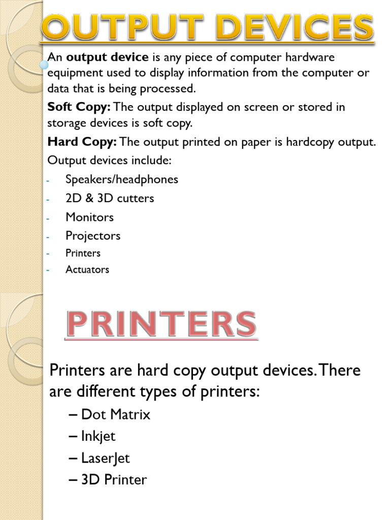 Hardware Output Devices | PDF | Printer (Computing) | Light Emitting Diode