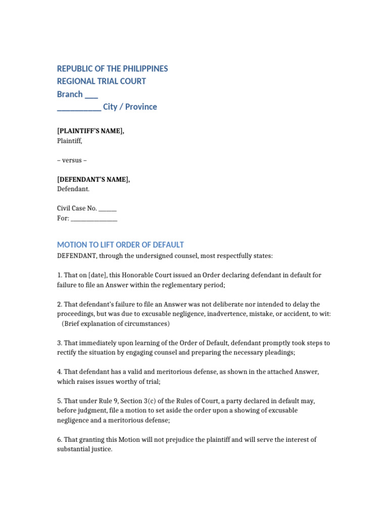 Motion to Lift Order of Default | PDF