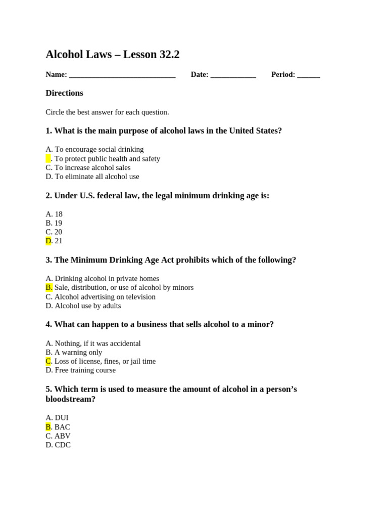 Lesson 32.2 Alcohol Laws Worksheet | PDF | Alcohol Law | Driving Under ...