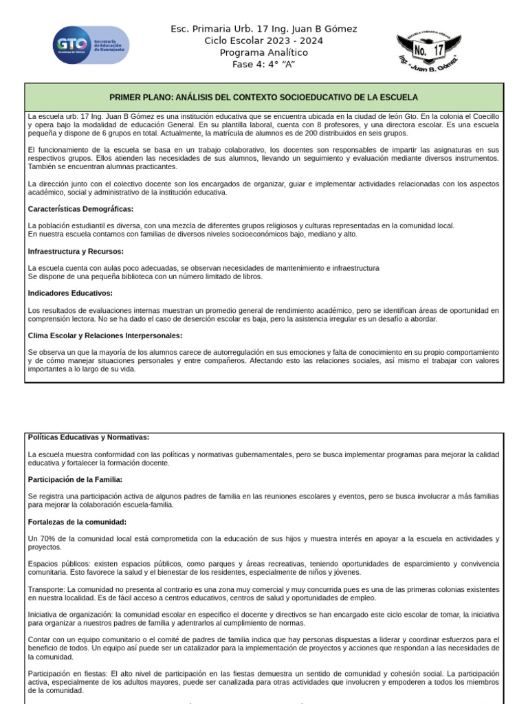 PROGRAMA ANALITICO 4° | PDF | Escuelas | Aprendizaje