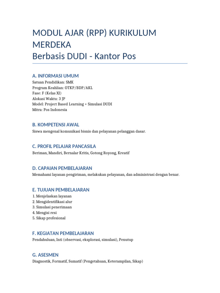 RPP Kurikulum Merdeka Kantor Pos | PDF