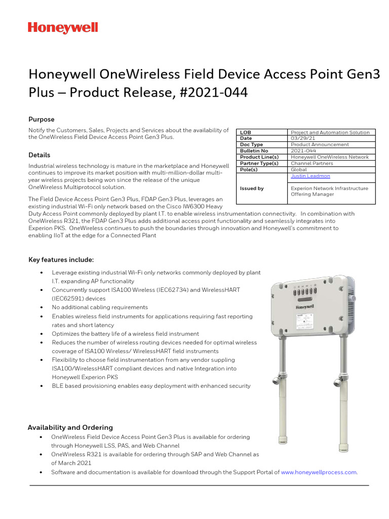 Honeywell OneWireless Field Device Access Point Gen3 Plus Product ...