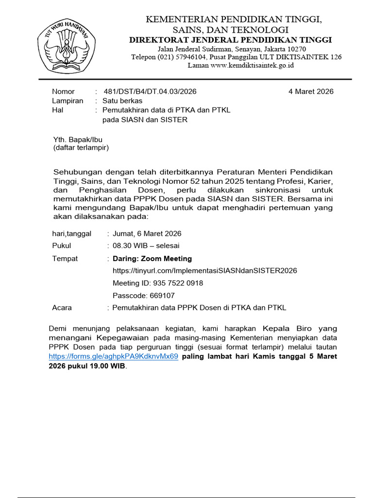 SU - 6 Maret 2026 Pemutakhiran Data Dosen PTKA Dan PTKL | PDF