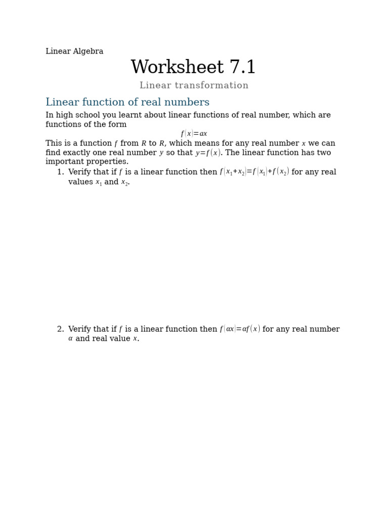 Worksheet 7.1 - Linear Transformation | PDF | Linear Map | Functions ...