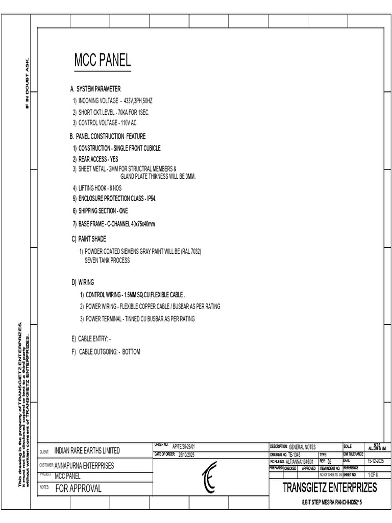 Mcc Panel Drg. Boq | PDF | Electrical Wiring | Power Engineering