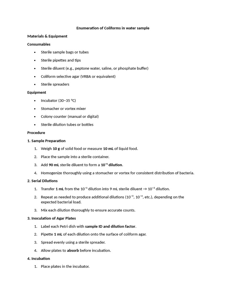 Enumeration of Coliforms in Water Sample | PDF | Colony Forming Unit