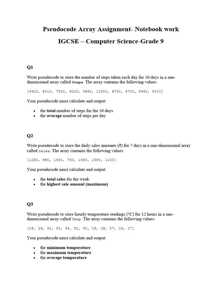 Pseudocode Array Assignment | PDF | Algorithms | Computing