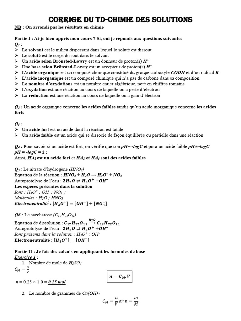 Corrige Du Td-Chimie Des Solutions | PDF | Acide | Chimie analytique