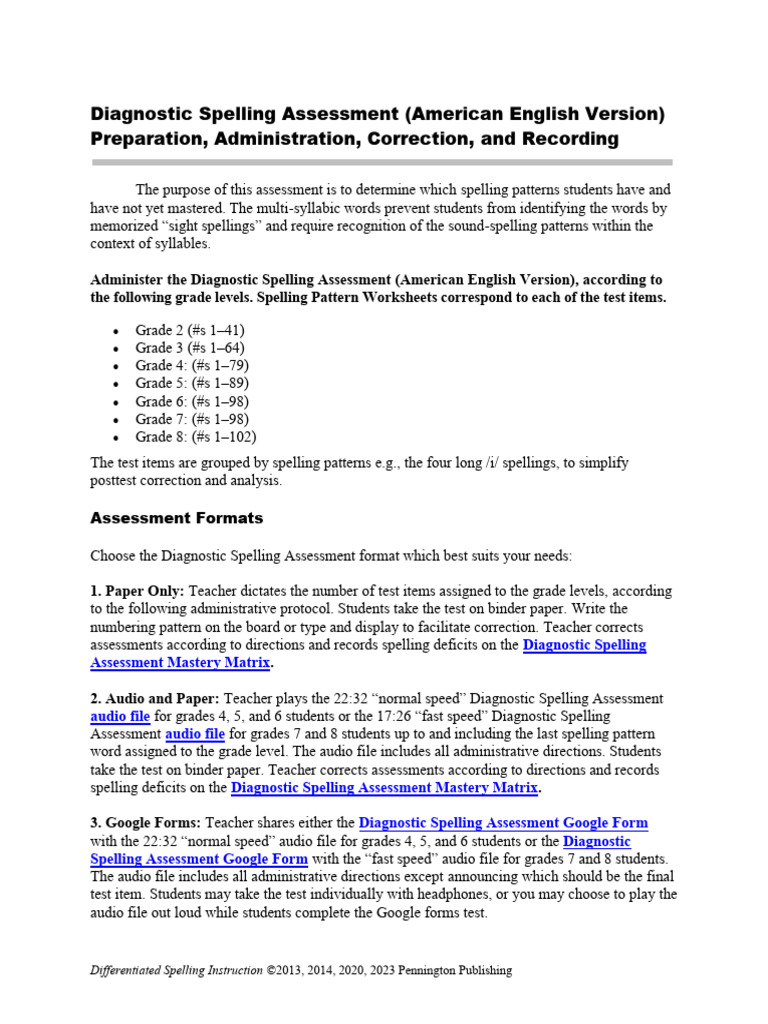 Diagnostic Spelling Assessment American English Ver | PDF | Spelling ...