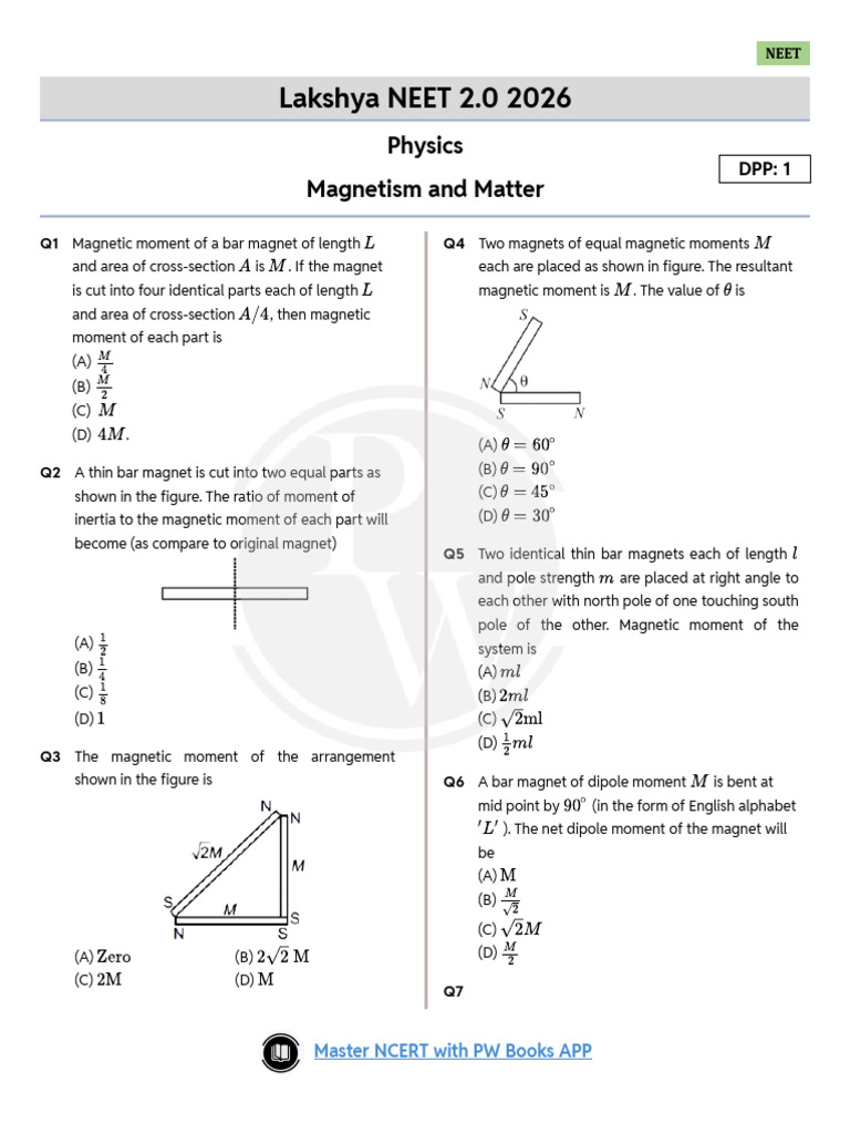 Magnetism and Matter Practise Best Questions | PDF | Magnet | Dipole