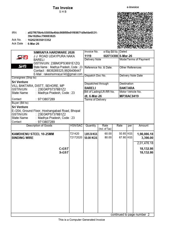 Sri Venture March Bill | PDF | Invoice | Taxes