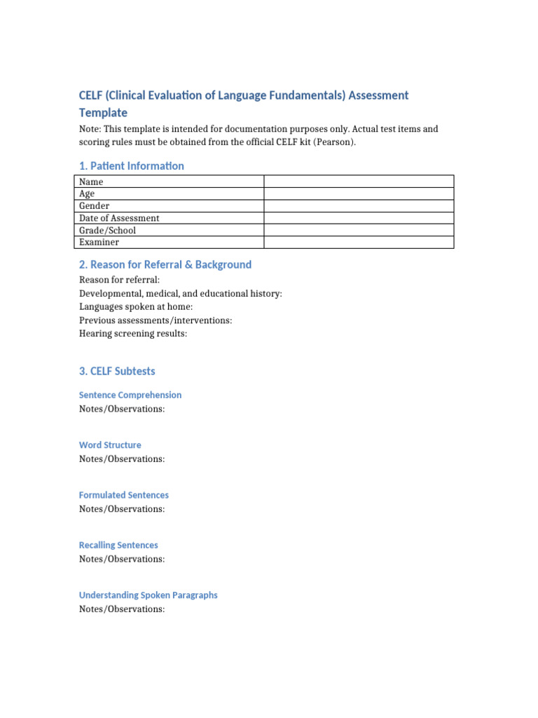 CELF Assessment Template | PDF