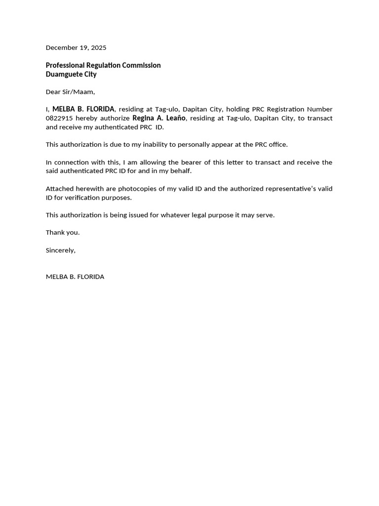 Authorization Letter to PRC | PDF