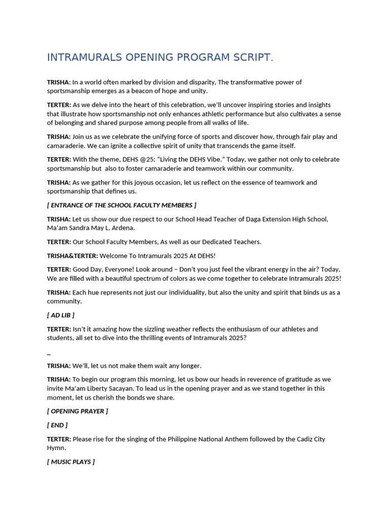 Intramurals Opening Program Script | PDF
