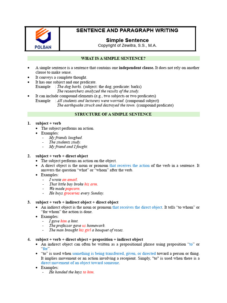 Handout - 2. Simple Sentence | PDF | Adverb | Subject (Grammar)