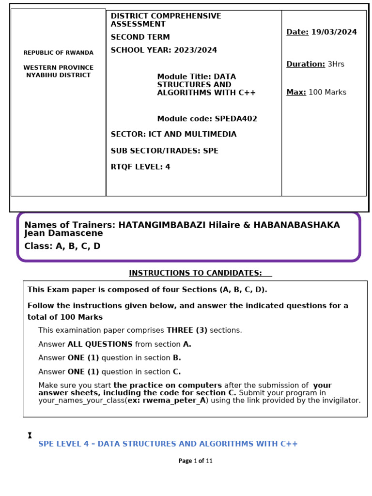 2023-2024 District y2 Term2 Dsa Exam | PDF | Queue (Abstract Data Type ...