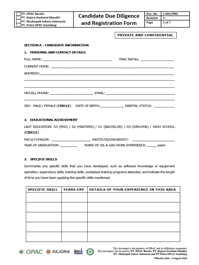F.001-HRD Candidate Registration Form Rev.3 | PDF