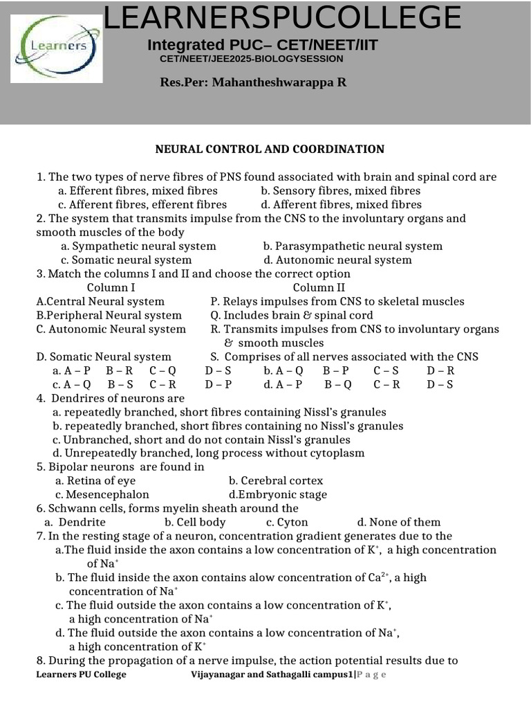 RM Neural Control and Coordination ( Learner's) | PDF | Axon | Neuron