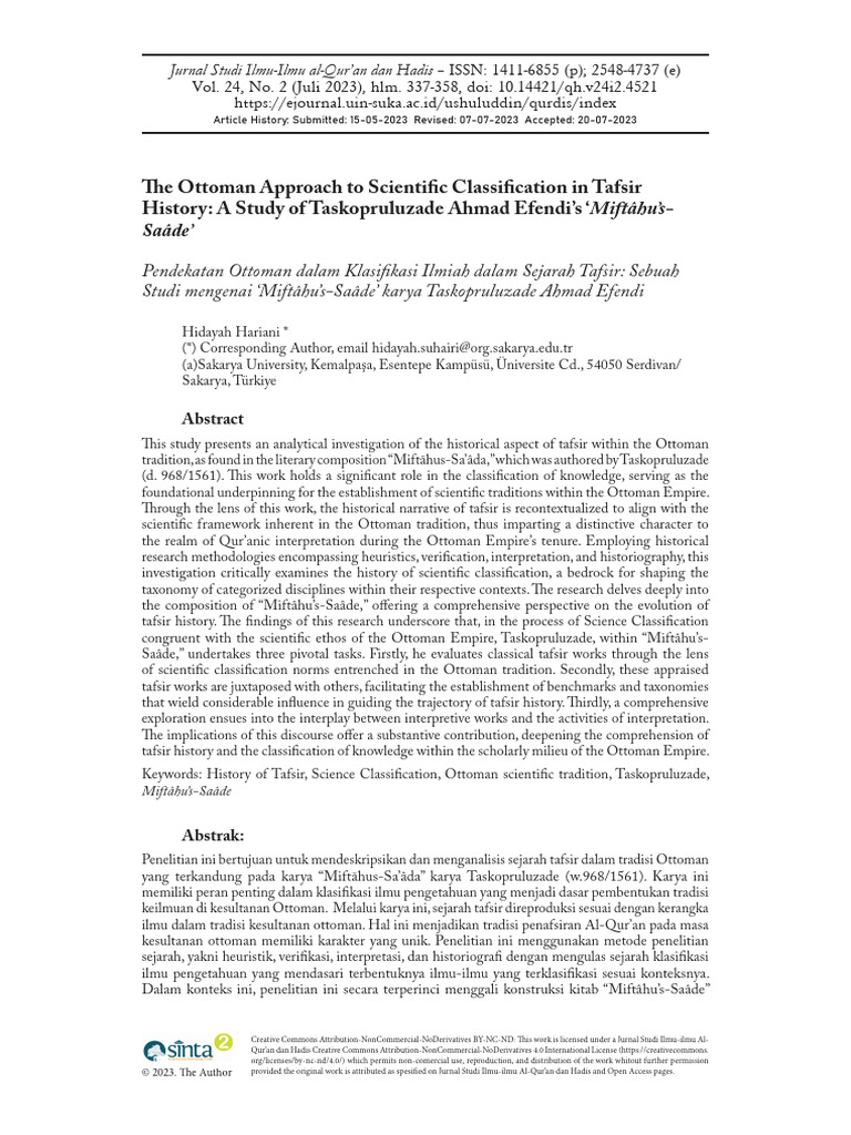 The Ottoman approach to scientific classification in tafsir history; a ...