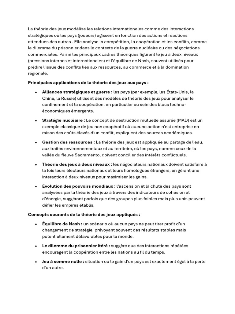 La Théorie Des Jeux Les Relations Internationales | PDF